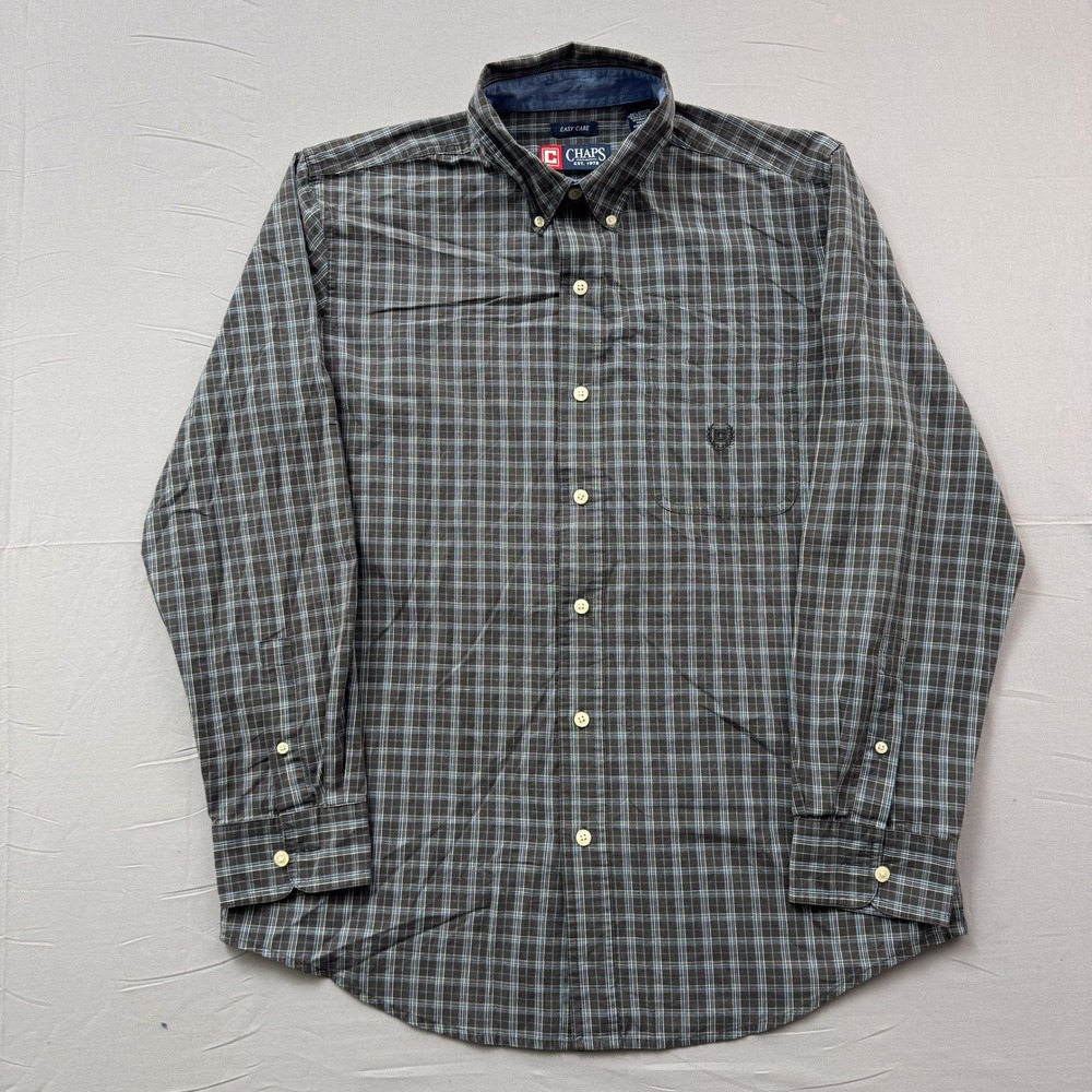 Chaps Mens Easy Care Plaid Button Down Shirt Brown Blue Long Sleeve‎ Medium